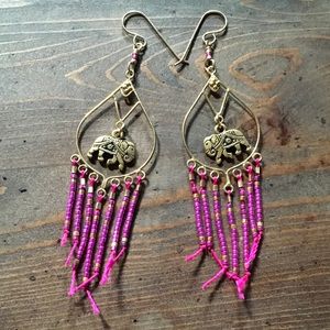 Hot pink & Gold Elephant beaded fringe Earrings